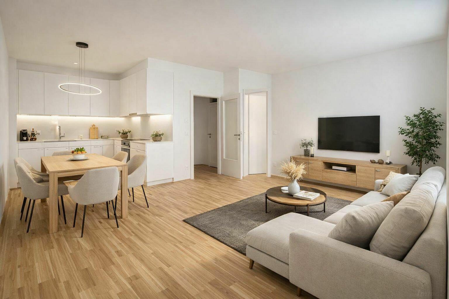 Wohn-Essbereich mit Küche - KI Einrichtungsvorschlag