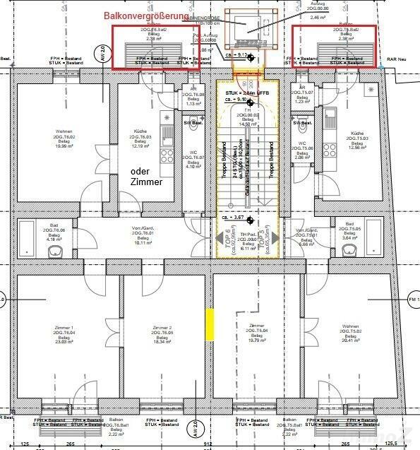 ETAGE 2OG (bzw. 1-4 OG ) mit Balkonvergrößerungen und 2 WE verbunden
